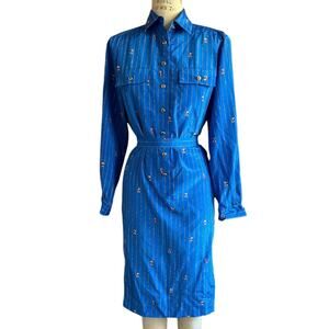 Womens Dress Size 8 Vintage 80s Blue Gold Buttons Pockets Belt Shoulder Pads